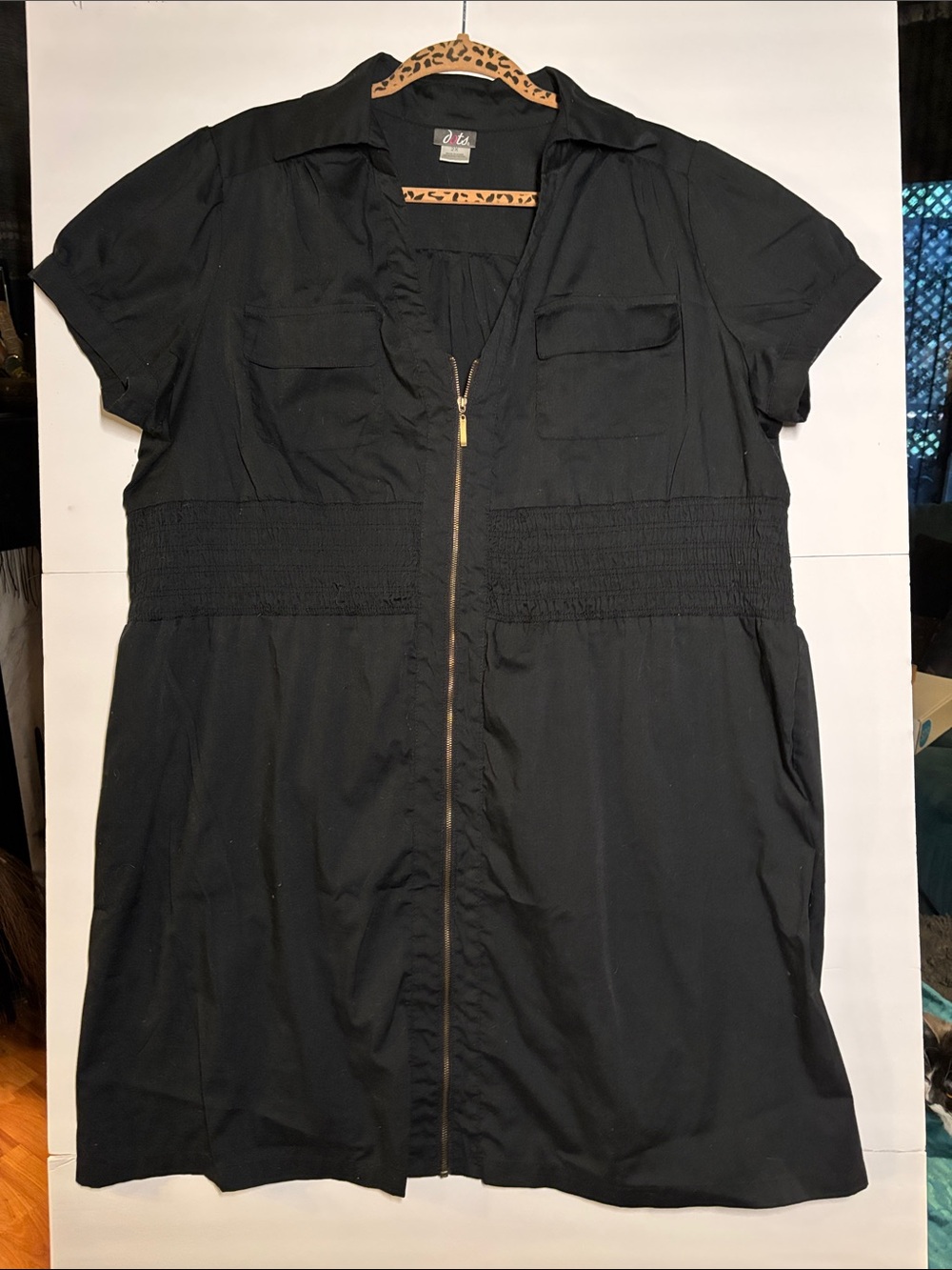 Dots Black Short-Sleeve Zip-Front Tunic with Smocked Waist
